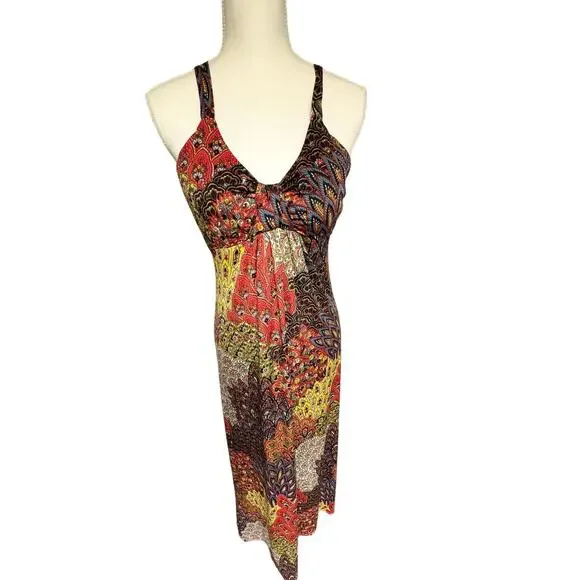 Raindrops by Papillon Black Orange Peacock Maxi Dress Women's Small - Picture 2 of 12